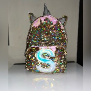 Justice Small sequin backpack “ S “ initial gold iridescent. Excellent like new